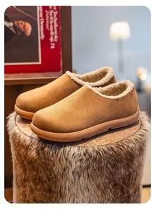 High-quality warm plush-lined suede slip-on shoes for winter in caramel brown color