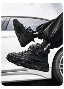 Detailed side view of black high-top warm leather outdoor casual board shoes against car
