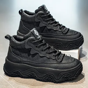 High-top black leather platform boots with quilted pattern and thick wavy sole