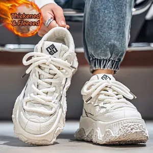 White high-top chunky platform sneakers featuring warm fleece lining and thick sole