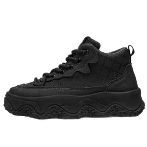 All-black high-top chunky leather sneakers for men with thick wavy platform soles