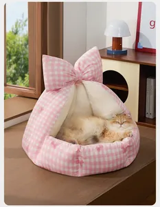 Cama para gatos a cuadros rosa semicerrada con lazo grande para dormir cómodamente