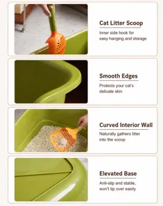 Detailed features of a large semi-enclosed cat litter box with sifting shovel