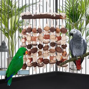 Natural large bird chewing toy with nuts and wood beads for parrots hanging in cage