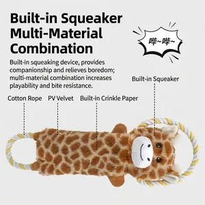 Durable giraffe plush dog toy featuring cotton rope handles and interactive squeaker