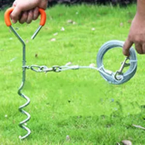 Durable spiral dog tie-out stake with heavy duty steel cable for yard training