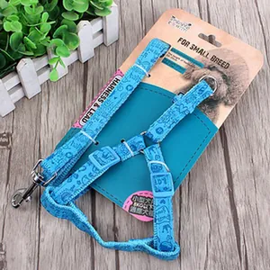 Macro detail of blue patterned dog harness and lead set specifically for small breeds