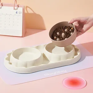 Modern cream colored double pet bowl set with slow feeder function for cats and dogs