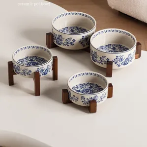 Chinoiserie blue and white floral ceramic pet bowls with premium acacia wood stands
