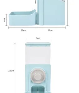 Detailed diagram showing exact measurements of the light blue pet automatic cage feeder.