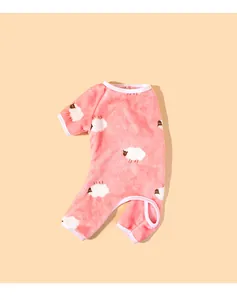 Soft pink coral fleece dog jumpsuit with cute white sheep pattern for warm winter wear