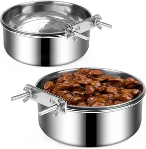 Pair of stainless steel hanging dog bowls for bird cages with food and water filling