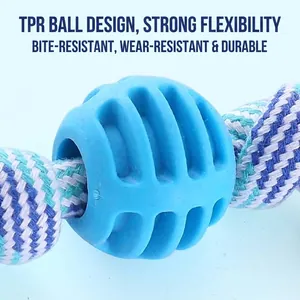 Durable light blue TPR ball dog chew toy featuring a thick braided cotton rope handle design