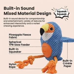 Parrot-shaped squeaky plush dog toy with TPR treat ball and nylon rope knots