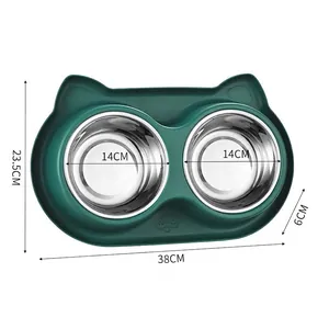 Large capacity stainless steel double pet bowl with anti-slip green cat-ear base