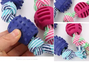 Detail of durable TPR rubber bead and cotton rope dog chew toy for teething