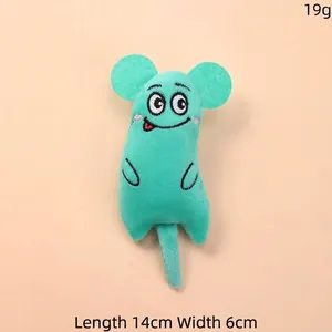 Detailed view of teal funny expression plush catnip toy measuring 14x6cm