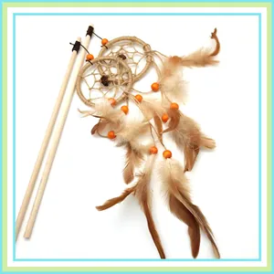 Handmade natural wooden cat teaser wand with dreamcatcher feather and beads decor