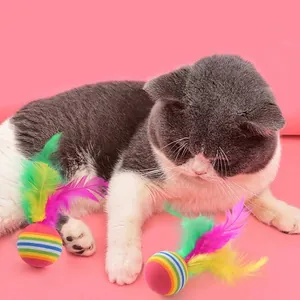 Rainbow EVA foam ball cat toys with colorful feathers for indoor self-entertainment play