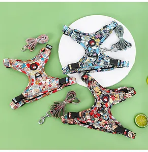 Close-up of vibrant floral pet harness and leash sets with breathable mesh for small dogs