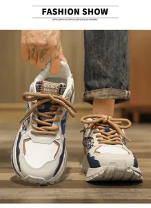 Λεπτομέρεια των ανδρικών chunky sneakers με ρετρό χρωματικούς συνδυασμούς και χοντρά κορδόνια.