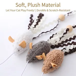 Handmade plush mouse cat teaser stick toy with wavy ribbons and wooden beads for pets