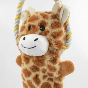 Cute giraffe plush dog toy with durable yellow and white twisted cotton rope for chew