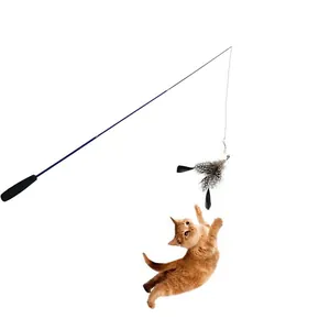 Detailed view of telescopic cat teaser wand with interactive feather attachment
