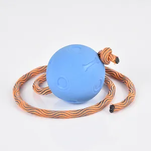 Detailed view of durable blue TPR dog ball with orange braided bite-resistant rope knot.