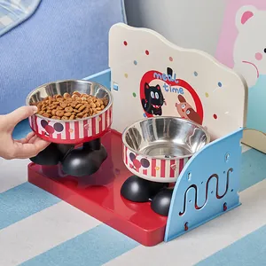 Supporto doppio per ciotole in acciaio inox con pannello posteriore a cartoni animati