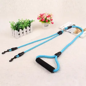 Detailed view of heavy duty blue double dog leash featuring soft foam handle for comfort