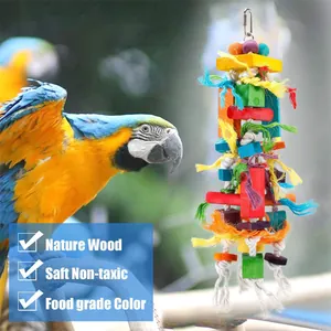 Colorful wooden parrot chewing toy with natural cotton ropes and tassels for cages