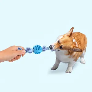 Durable cotton rope tug-of-war dog toy with TPR ball for interactive play and teething