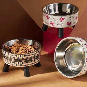Elevated stainless steel pet bowl with neck protection featuring stylish cat and leopard prints