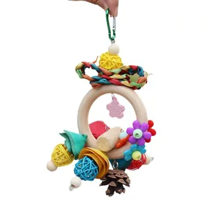 Colorful wooden bird toy with rattan balls and flowers for small parrots and birds