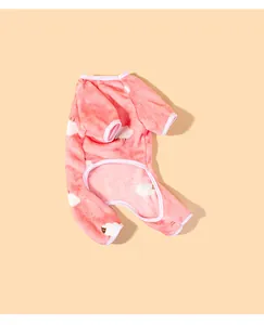 Detailed view of soft coral fleece dog pajamas with cute sheep pattern print