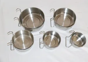 View showing 5 different sizes of stainless steel bird feeding cups for parrot cages