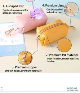 Mini PU leather pet waste bag dispenser pouch with sturdy metal hook and zipper