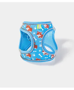 Blue breathable mesh pet harness vest with cute corgi pattern for small dogs and cats