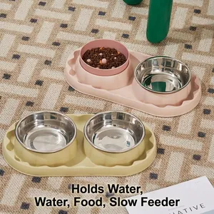 Stainless Steel Pet Double Bowl Slow Feeder For Cats Dogs Non Slip Leak Proof Food Water Bowls Station Easy To Clean