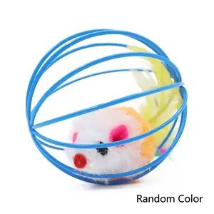 Palla in metallo blu da 6 cm per gatti con topo di peluche colorato e coda di piuma