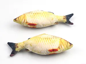 Detailed view of two realistic plush fish toys for cats' playtime and teething
