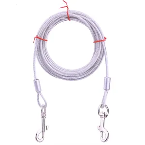 High-strength steel wire pet tie-out cable with heavy-duty double metal snap hooks.