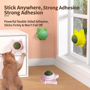 Rotating natural catnip wall ball toy with cute cat-shaped holder for cat play