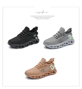 Breathable fly-knit sneakers with hollow braided soles in black, grey, and tan colors.