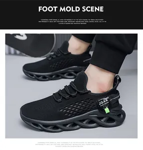 Close-up of black breathable mesh running shoes with unique hollow twist sole