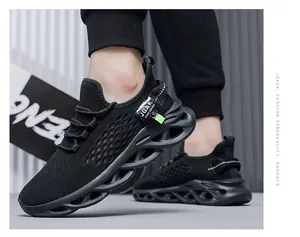 Detail shot of breathable black flying woven running shoes with unique twist sole