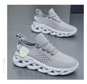 Detailed view of grey flyknit men's running shoes with unique braided sole design