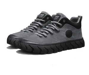 Men's retro low-top casual sneakers with thick rubber soles and gray suede upper.