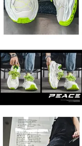 Close-up of mesh texture and wavy thick sole on white and neon green men's sneakers.